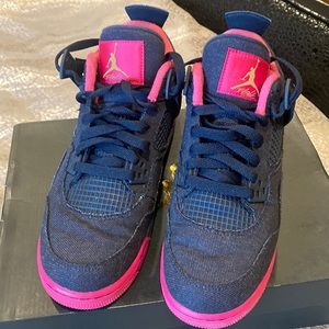 Big Kids denim & pink Jordan 4’s